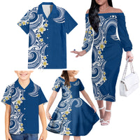 Aloha Polynesian Plumeria Flower Family Matching Off The Shoulder Long Sleeve Dress and Hawaiian Shirt Blue Color LT03 - Polynesian Pride