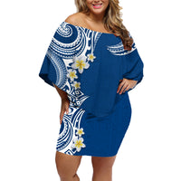 Aloha Polynesian Plumeria Flower Family Matching Off Shoulder Short Dress and Hawaiian Shirt Blue Color LT03 Mom's Dress Blue - Polynesian Pride