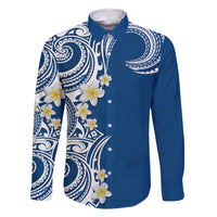 Aloha Polynesian Plumeria Flower Family Matching Tank Maxi Dress and Hawaiian Shirt Blue Color