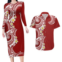 Aloha Polynesian Plumeria Flower Couples Matching Long Sleeve Bodycon Dress and Hawaiian Shirt Red Color LT03 Red - Polynesian Pride
