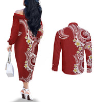 Aloha Polynesian Plumeria Flower Couples Matching Off The Shoulder Long Sleeve Dress and Long Sleeve Button Shirt Red Color