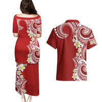 Aloha Polynesian Plumeria Flower Couples Matching Puletasi and Hawaiian Shirt Red Color
