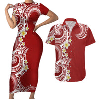 Aloha Polynesian Plumeria Flower Couples Matching Short Sleeve Bodycon Dress and Hawaiian Shirt Red Color LT03 Red - Polynesian Pride