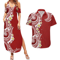 Aloha Polynesian Plumeria Flower Couples Matching Summer Maxi Dress and Hawaiian Shirt Red Color LT03 Red - Polynesian Pride