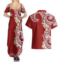 Aloha Polynesian Plumeria Flower Couples Matching Summer Maxi Dress and Hawaiian Shirt Red Color LT03 - Polynesian Pride