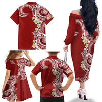Aloha Polynesian Plumeria Flower Family Matching Off The Shoulder Long Sleeve Dress and Hawaiian Shirt Red Color LT03 - Polynesian Pride