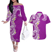 Aloha Polynesian Plumeria Flower Couples Matching Off The Shoulder Long Sleeve Dress and Hawaiian Shirt Purple Color LT03 Purple - Polynesian Pride