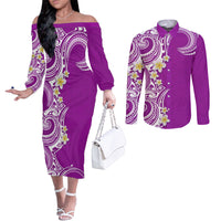 Aloha Polynesian Plumeria Flower Couples Matching Off The Shoulder Long Sleeve Dress and Long Sleeve Button Shirt Purple Color LT03 Purple - Polynesian Pride