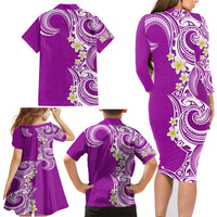 Aloha Polynesian Plumeria Flower Family Matching Long Sleeve Bodycon Dress and Hawaiian Shirt Purple Color LT03 - Polynesian Pride