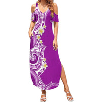 Aloha Polynesian Plumeria Flower Family Matching Summer Maxi Dress and Hawaiian Shirt Purple Color LT03 Mom's Dress Purple - Polynesian Pride