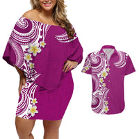 Aloha Polynesian Plumeria Flower Couples Matching Off Shoulder Short Dress and Hawaiian Shirt Pink Color LT03 Pink - Polynesian Pride