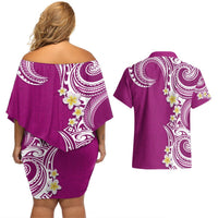 Aloha Polynesian Plumeria Flower Couples Matching Off Shoulder Short Dress and Hawaiian Shirt Pink Color LT03 - Polynesian Pride
