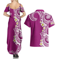 Aloha Polynesian Plumeria Flower Couples Matching Summer Maxi Dress and Hawaiian Shirt Pink Color LT03 - Polynesian Pride