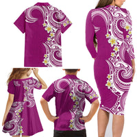 Aloha Polynesian Plumeria Flower Family Matching Long Sleeve Bodycon Dress and Hawaiian Shirt Pink Color LT03 - Polynesian Pride