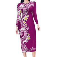 Aloha Polynesian Plumeria Flower Family Matching Long Sleeve Bodycon Dress and Hawaiian Shirt Pink Color LT03 Mom's Dress Pink - Polynesian Pride
