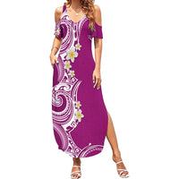 Aloha Polynesian Plumeria Flower Family Matching Summer Maxi Dress and Hawaiian Shirt Pink Color LT03 Mom's Dress Pink - Polynesian Pride