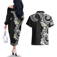Aloha Polynesian Plumeria Flower Couples Matching Off The Shoulder Long Sleeve Dress and Hawaiian Shirt Black White Color LT03 - Polynesian Pride