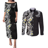 Aloha Polynesian Plumeria Flower Couples Matching Puletasi and Long Sleeve Button Shirt Black White Color