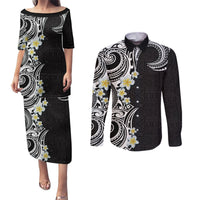 Aloha Polynesian Plumeria Flower Couples Matching Puletasi and Long Sleeve Button Shirt Black White Color LT03 Black - Polynesian Pride