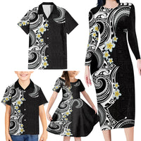 Aloha Polynesian Plumeria Flower Family Matching Long Sleeve Bodycon Dress and Hawaiian Shirt Black White Color LT03 - Polynesian Pride