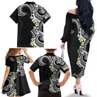 Aloha Polynesian Plumeria Flower Family Matching Off The Shoulder Long Sleeve Dress and Hawaiian Shirt Black White Color LT03 - Polynesian Pride