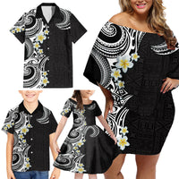 Aloha Polynesian Plumeria Flower Family Matching Off Shoulder Short Dress and Hawaiian Shirt Black White Color LT03 - Polynesian Pride