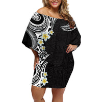 Aloha Polynesian Plumeria Flower Family Matching Off Shoulder Short Dress and Hawaiian Shirt Black White Color LT03 Mom's Dress Black - Polynesian Pride
