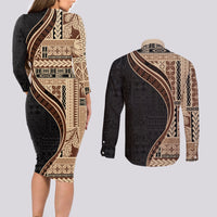 Samoa Siapo Motif and Tapa Pattern Half Style Couples Matching Long Sleeve Bodycon Dress and Long Sleeve Button Shirt Beige Color
