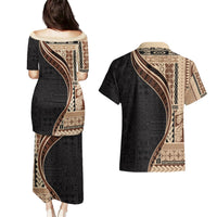 Samoa Siapo Motif and Tapa Pattern Half Style Couples Matching Puletasi and Hawaiian Shirt Beige Color LT03 - Polynesian Pride