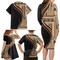 Samoa Siapo Motif and Tapa Pattern Half Style Family Matching Long Sleeve Bodycon Dress and Hawaiian Shirt Beige Color LT03 - Polynesian Pride