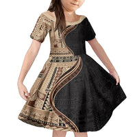 Samoa Siapo Motif and Tapa Pattern Half Style Family Matching Off The Shoulder Long Sleeve Dress and Hawaiian Shirt Beige Color LT03 Daughter's Dress Beige - Polynesian Pride