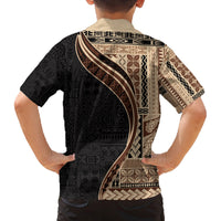 Samoa Siapo Motif and Tapa Pattern Half Style Family Matching Off Shoulder Maxi Dress and Hawaiian Shirt Beige Color