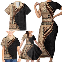 Samoa Siapo Motif and Tapa Pattern Half Style Family Matching Short Sleeve Bodycon Dress and Hawaiian Shirt Beige Color LT03 - Polynesian Pride
