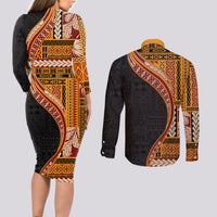 Samoa Siapo Motif and Tapa Pattern Half Style Couples Matching Long Sleeve Bodycon Dress and Long Sleeve Button Shirt Yellow Color