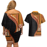 Samoa Siapo Motif and Tapa Pattern Half Style Couples Matching Off Shoulder Short Dress and Hawaiian Shirt Yellow Color LT03 - Polynesian Pride