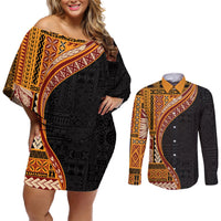 Samoa Siapo Motif and Tapa Pattern Half Style Couples Matching Off Shoulder Short Dress and Long Sleeve Button Shirt Yellow Color LT03 Yellow - Polynesian Pride
