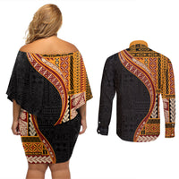 Samoa Siapo Motif and Tapa Pattern Half Style Couples Matching Off Shoulder Short Dress and Long Sleeve Button Shirt Yellow Color