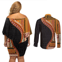 Samoa Siapo Motif and Tapa Pattern Half Style Couples Matching Off Shoulder Short Dress and Long Sleeve Button Shirt Yellow Color LT03 - Polynesian Pride