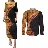Samoa Siapo Motif and Tapa Pattern Half Style Couples Matching Puletasi and Long Sleeve Button Shirt Yellow Color LT03 Yellow - Polynesian Pride