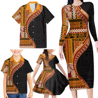 Samoa Siapo Motif and Tapa Pattern Half Style Family Matching Long Sleeve Bodycon Dress and Hawaiian Shirt Yellow Color LT03 - Polynesian Pride