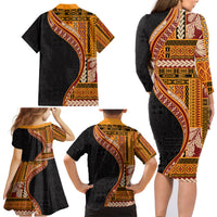 Samoa Siapo Motif and Tapa Pattern Half Style Family Matching Long Sleeve Bodycon Dress and Hawaiian Shirt Yellow Color LT03 - Polynesian Pride