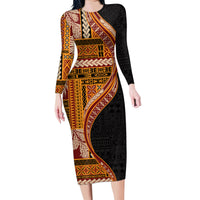Samoa Siapo Motif and Tapa Pattern Half Style Family Matching Long Sleeve Bodycon Dress and Hawaiian Shirt Yellow Color LT03 Mom's Dress Yellow - Polynesian Pride