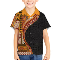 Samoa Siapo Motif and Tapa Pattern Half Style Family Matching Off The Shoulder Long Sleeve Dress and Hawaiian Shirt Yellow Color LT03 Son's Shirt Yellow - Polynesian Pride