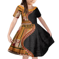 Samoa Siapo Motif and Tapa Pattern Half Style Family Matching Short Sleeve Bodycon Dress and Hawaiian Shirt Yellow Color LT03 Daughter's Dress Yellow - Polynesian Pride