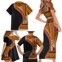 Samoa Siapo Motif and Tapa Pattern Half Style Family Matching Short Sleeve Bodycon Dress and Hawaiian Shirt Yellow Color LT03 - Polynesian Pride