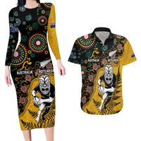 Custom New Zealand and Australia Rugby Couples Matching Long Sleeve Bodycon Dress and Hawaiian Shirt Maori Warrior With Aboriginal Version LT03 Black - Polynesian Pride