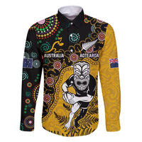 Custom New Zealand and Australia Rugby Family Matching Off Shoulder Maxi Dress and Hawaiian Shirt Maori Warrior With Aboriginal Version LT03 Dad's Shirt - Long Sleeve Black - Polynesian Pride