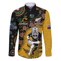 Custom New Zealand and Australia Rugby Family Matching Short Sleeve Bodycon Dress and Hawaiian Shirt Maori Warrior With Aboriginal Version LT03 Dad's Shirt - Long Sleeve Black - Polynesian Pride