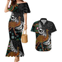 New Zealand Fern and Australia Emu Couples Matching Mermaid Dress and Hawaiian Shirt Aboriginal Mix Maori Pattern LT03 Blue - Polynesian Pride