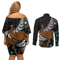 New Zealand Fern and Australia Emu Couples Matching Off Shoulder Short Dress and Long Sleeve Button Shirt Aboriginal Mix Maori Pattern